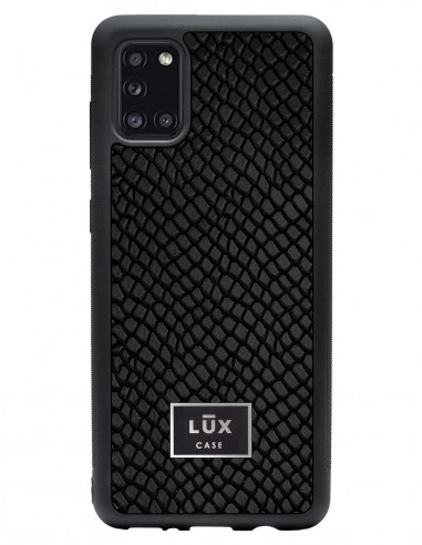 Etui premium skórzane, case na smartfon SAMSUNG GALAXY A31. Skóra iguana czarna ze srebrną blaszką.