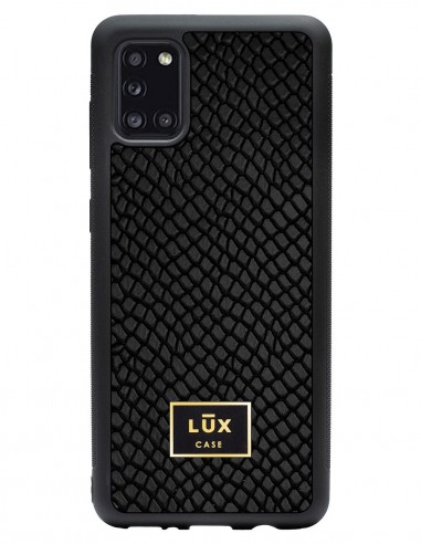 Etui premium skórzane, case na smartfon SAMSUNG GALAXY A31. Skóra iguana czarna ze złotą blaszką.