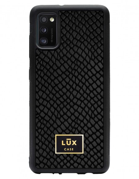 Etui premium skórzane, case na smartfon SAMSUNG GALAXY A41. Skóra iguana czarna ze złotą blaszką.