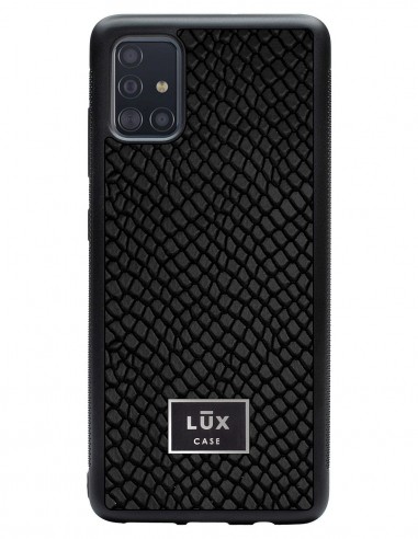 Etui premium skórzane, case na smartfon SAMSUNG GALAXY A51. Skóra iguana czarna ze srebrną blaszką.