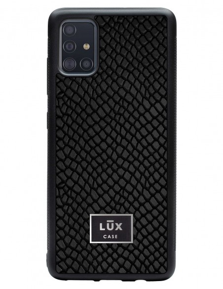 Etui premium skórzane, case na smartfon SAMSUNG GALAXY A51. Skóra iguana czarna ze srebrną blaszką.