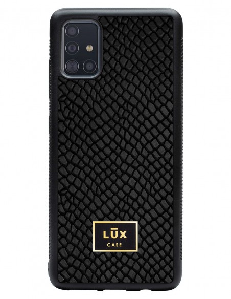 Etui premium skórzane, case na smartfon SAMSUNG GALAXY A51. Skóra iguana czarna ze złotą blaszką.