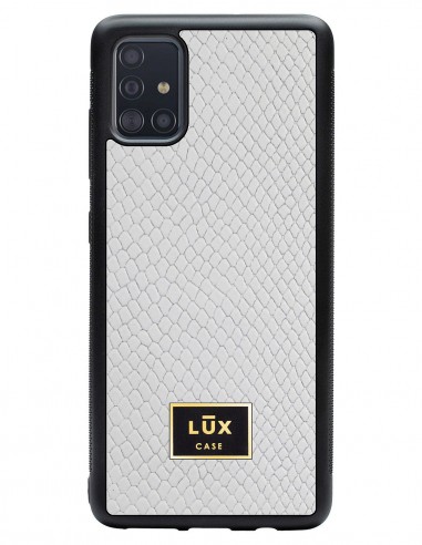 Etui premium skórzane, case na smartfon SAMSUNG GALAXY A51. Skóra iguana biała ze złotą blaszką.