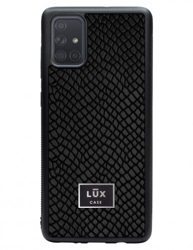 Etui premium skórzane, case na smartfon SAMSUNG GALAXY A71. Skóra iguana czarna ze srebrną blaszką.