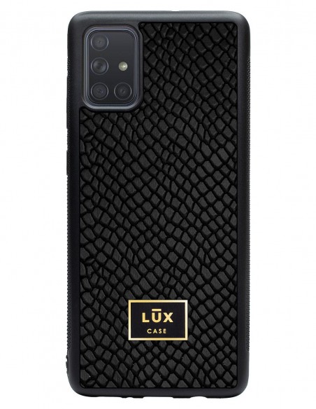 Etui premium skórzane, case na smartfon SAMSUNG GALAXY A71. Skóra iguana czarna ze złotą blaszką.
