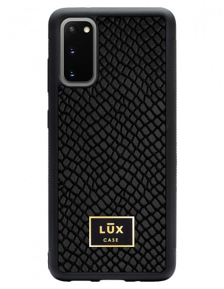 Etui premium skórzane, case na smartfon SAMSUNG GALAXY S20. Skóra iguana czarna ze złotą blaszką.