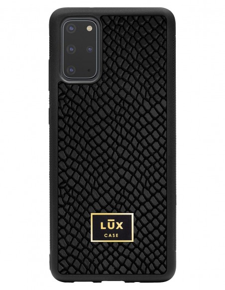 Etui premium skórzane, case na smartfon SAMSUNG GALAXY S20 PLUS. Skóra iguana czarna ze złotą blaszką.