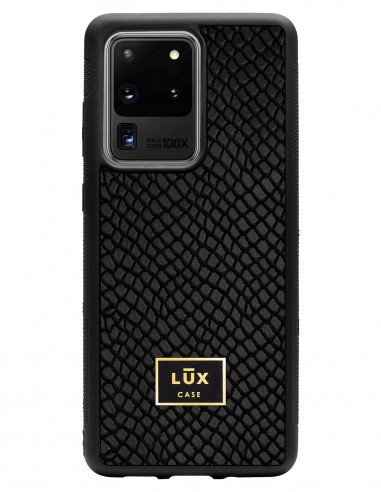 Etui premium skórzane, case na smartfon SAMSUNG GALAXY S20 ULTRA. Skóra iguana czarna ze złotą blaszką.