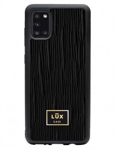 Etui premium skórzane, case na smartfon SAMSUNG GALAXY A31. Skóra lizard czarna ze złotą blaszką.