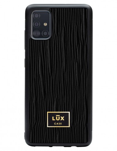Etui premium skórzane, case na smartfon SAMSUNG GALAXY A51. Skóra lizard czarna ze złotą blaszką.