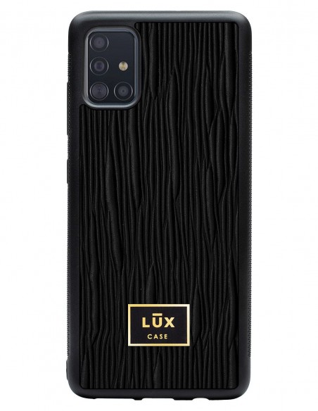Etui premium skórzane, case na smartfon SAMSUNG GALAXY A51. Skóra lizard czarna ze złotą blaszką.