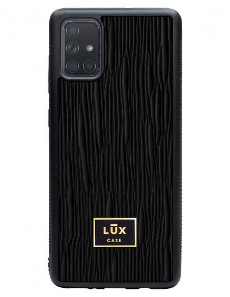 Etui premium skórzane, case na smartfon SAMSUNG GALAXY A71. Skóra lizard czarna ze złotą blaszką.