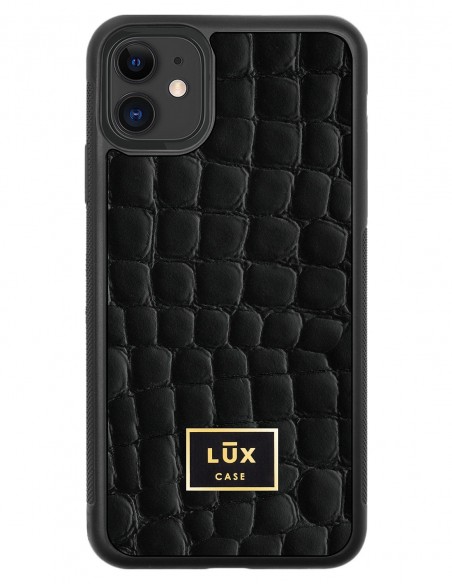 Etui premium skórzane, case na smartfon APPLE iPhone 11. Skóra crocodile czarna ze złotą blaszką.