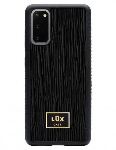 Etui premium skórzane, case na smartfon SAMSUNG GALAXY S20. Skóra lizard czarna ze złotą blaszką.