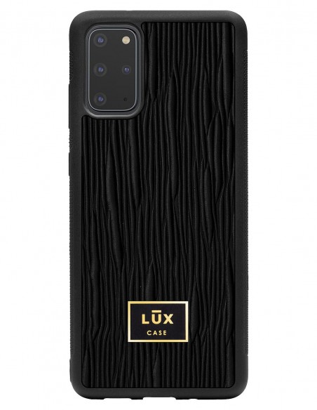 Etui premium skórzane, case na smartfon SAMSUNG GALAXY S20 PLUS. Skóra lizard czarna ze złotą blaszką.