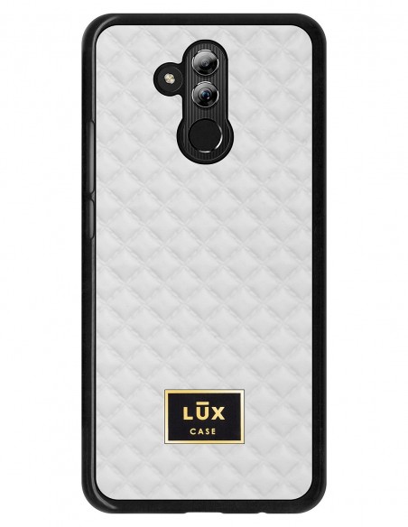 Etui premium skórzane, case na smartfon HUAWEI MATE 20 LITE. Skóra pik biała mat ze złotą blaszką.