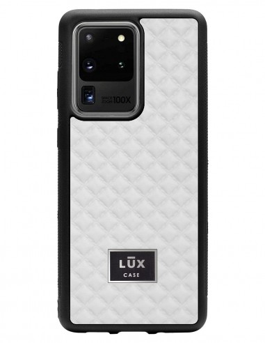 Etui premium skórzane, case na smartfon SAMSUNG GALAXY S20 ULTRA. Skóra pik biała mat ze srebrną blaszką.