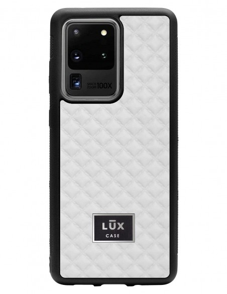 Etui premium skórzane, case na smartfon SAMSUNG GALAXY S20 ULTRA. Skóra pik biała mat ze srebrną blaszką.