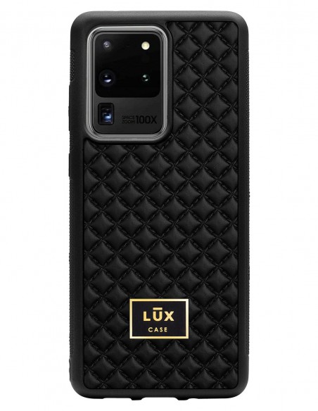 Etui premium skórzane, case na smartfon SAMSUNG GALAXY S20 ULTRA. Skóra pik czarna mat ze złotą blaszką.