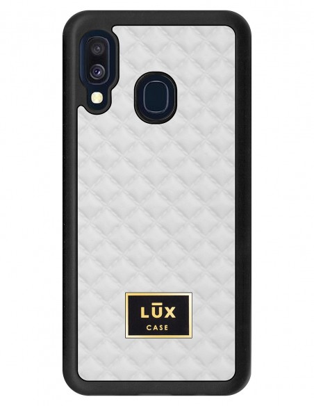 Etui premium skórzane, case na smartfon SAMSUNG GALAXY A40. Skóra pik biała mat ze złotą blaszką.