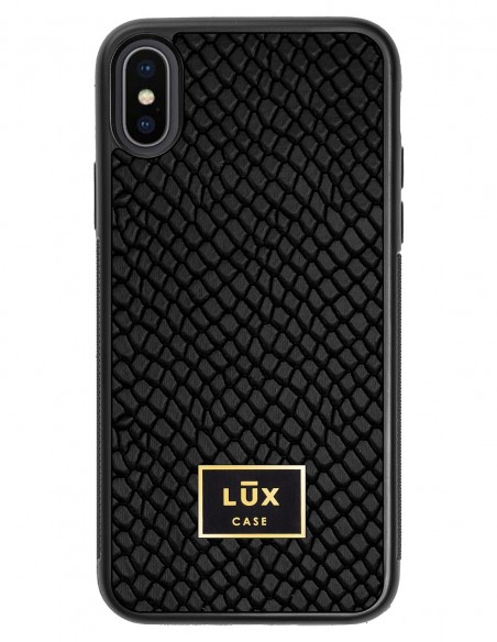 Etui premium skórzane, case na smartfon APPLE iPhone XS. Skóra iguana czarna ze złotą blaszką.