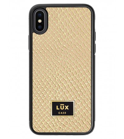 Etui premium skórzane, case na smartfon APPLE iPhone XS. Skóra iguana gold ze złotą blaszką.