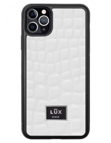 Etui premium skórzane, case na smartfon APPLE iPhone 11 PRO MAX. Skóra crocodile biała ze srebrną blaszką.