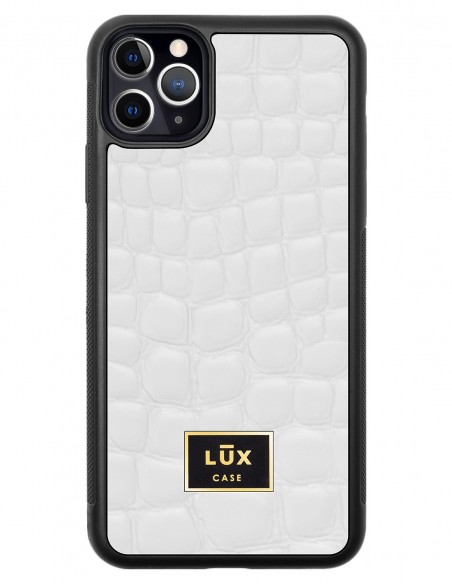 Etui premium skórzane, case na smartfon APPLE iPhone 11 PRO MAX. Skóra crocodile biała ze złotą blaszką.