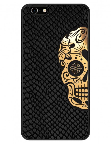 Etui premium skórzane, case na smartfon APPLE iPhone 6 PLUS. Skóra iguana czarna ze złotą czaszką.