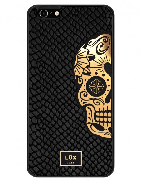 Etui premium skórzane, case na smartfon APPLE iPhone 6S PLUS. Skóra iguana czarna ze złotą blaszką i złotą czaszką.