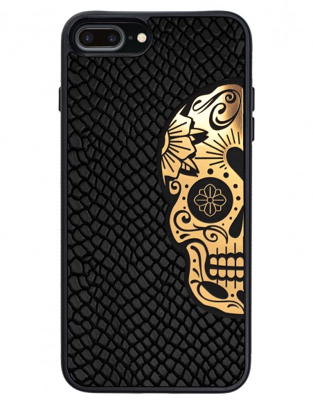 Etui premium skórzane, case na smartfon APPLE iPhone 7 PLUS. Skóra iguana czarna ze złotą czaszką.