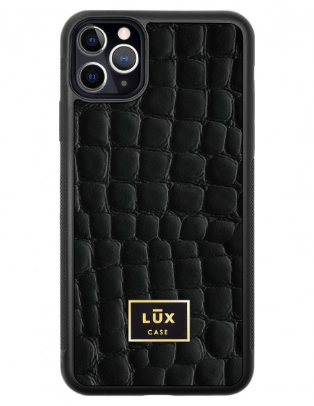 Etui premium skórzane, case na smartfon APPLE iPhone 11 PRO MAX. Skóra crocodile czarna ze złotą blaszką.