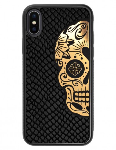 Etui premium skórzane, case na smartfon APPLE iPhone X. Skóra iguana czarna ze złotą czaszką.