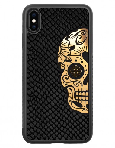 Etui premium skórzane, case na smartfon APPLE iPhone XS MAX. Skóra iguana czarna ze złotą czaszką.