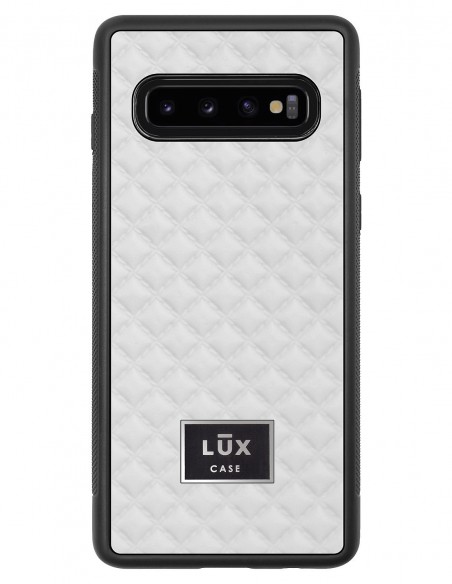 Etui premium skórzane, case na smartfon SAMSUNG GALAXY S10. Skóra pik biała mat ze srebrną blaszką.