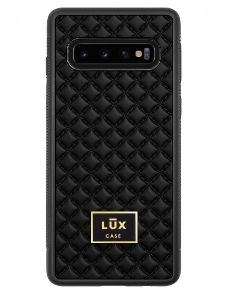 Etui premium skórzane, case na smartfon SAMSUNG GALAXY S10. Skóra pik czarna mat ze złotą blaszką.