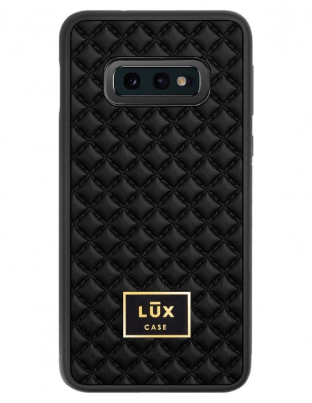 Etui premium skórzane, case na smartfon SAMSUNG GALAXY S10E. Skóra pik czarna mat ze złotą blaszką.
