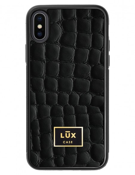 Etui premium skórzane, case na smartfon APPLE iPhone X. Skóra crocodile czarna ze złotą blaszką.
