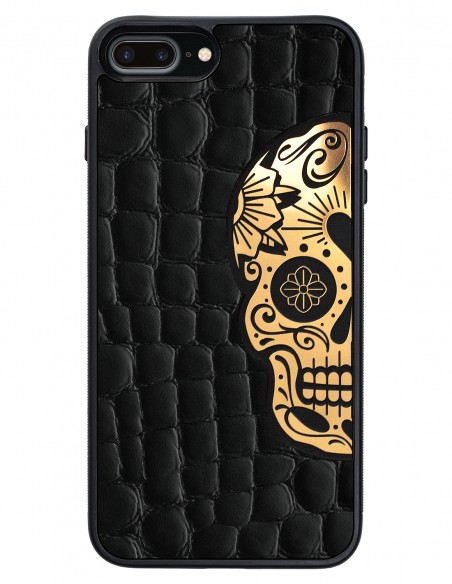 Etui premium skórzane, case na smartfon APPLE iPhone 8 PLUS. Skóra crocodile czarna ze złotą blaszką i czaszką.