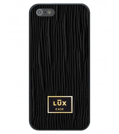 Etui premium skórzane, case na smartfon APPLE iPhone 5. Skóra lizard czarna ze złotą blaszką.
