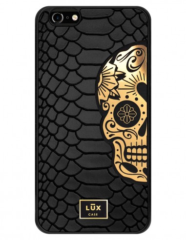 Etui premium skórzane, case na smartfon APPLE iPhone 6S PLUS. Skóra python czarna mat ze złotą blaszką i złotą czaszką.