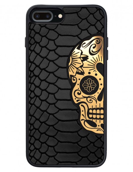 Etui premium skórzane, case na smartfon APPLE iPhone 7 PLUS. Skóra python czarna mat ze złotą czaszką.