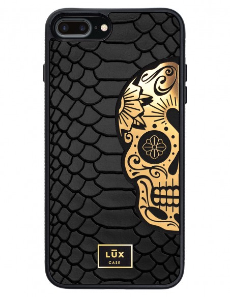 Etui premium skórzane, case na smartfon APPLE iPhone 7 PLUS. Skóra python czarna mat ze złotą blaszką i złotą czaszką.