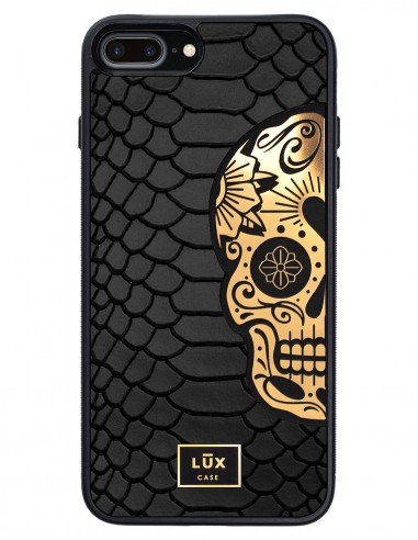 Etui premium skórzane, case na smartfon APPLE iPhone 8 PLUS. Skóra python czarna mat ze złotą blaszką i złotą czaszką.