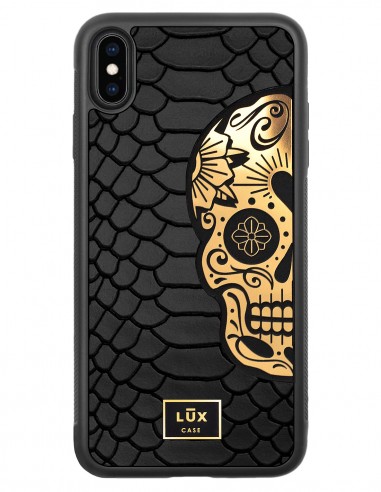 Etui premium skórzane, case na smartfon APPLE iPhone XS MAX. Skóra python czarna mat ze złotą blaszką i złotą czaszką.