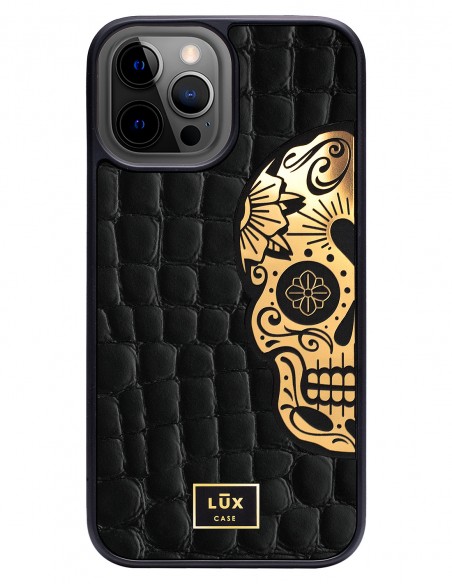 Etui premium skórzane, case na smartfon APPLE iPhone 12 PRO MAX. Skóra crocodile czarna ze złotą blaszką i czaszką.