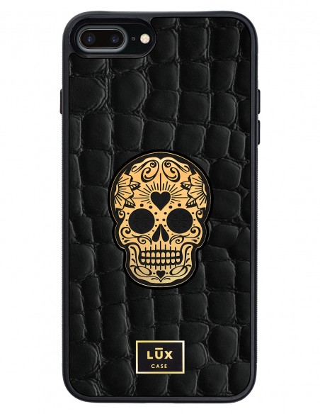 Etui premium skórzane, case na smartfon APPLE iPhone 7 PLUS. Skóra crocodile czarna ze złotą blaszką i czaszką.
