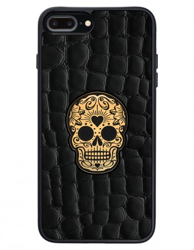 Etui premium skórzane, case na smartfon APPLE iPhone 8 PLUS. Skóra crocodile czarna ze złotą czaszką.