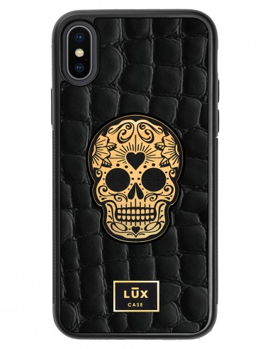 Etui premium skórzane, case na smartfon APPLE iPhone X. Skóra crocodile czarna ze złotą blaszką i czaszką.
