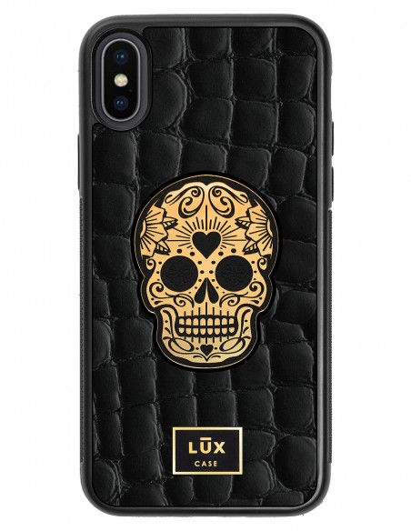 Etui premium skórzane, case na smartfon APPLE iPhone X. Skóra crocodile czarna ze złotą blaszką i czaszką.
